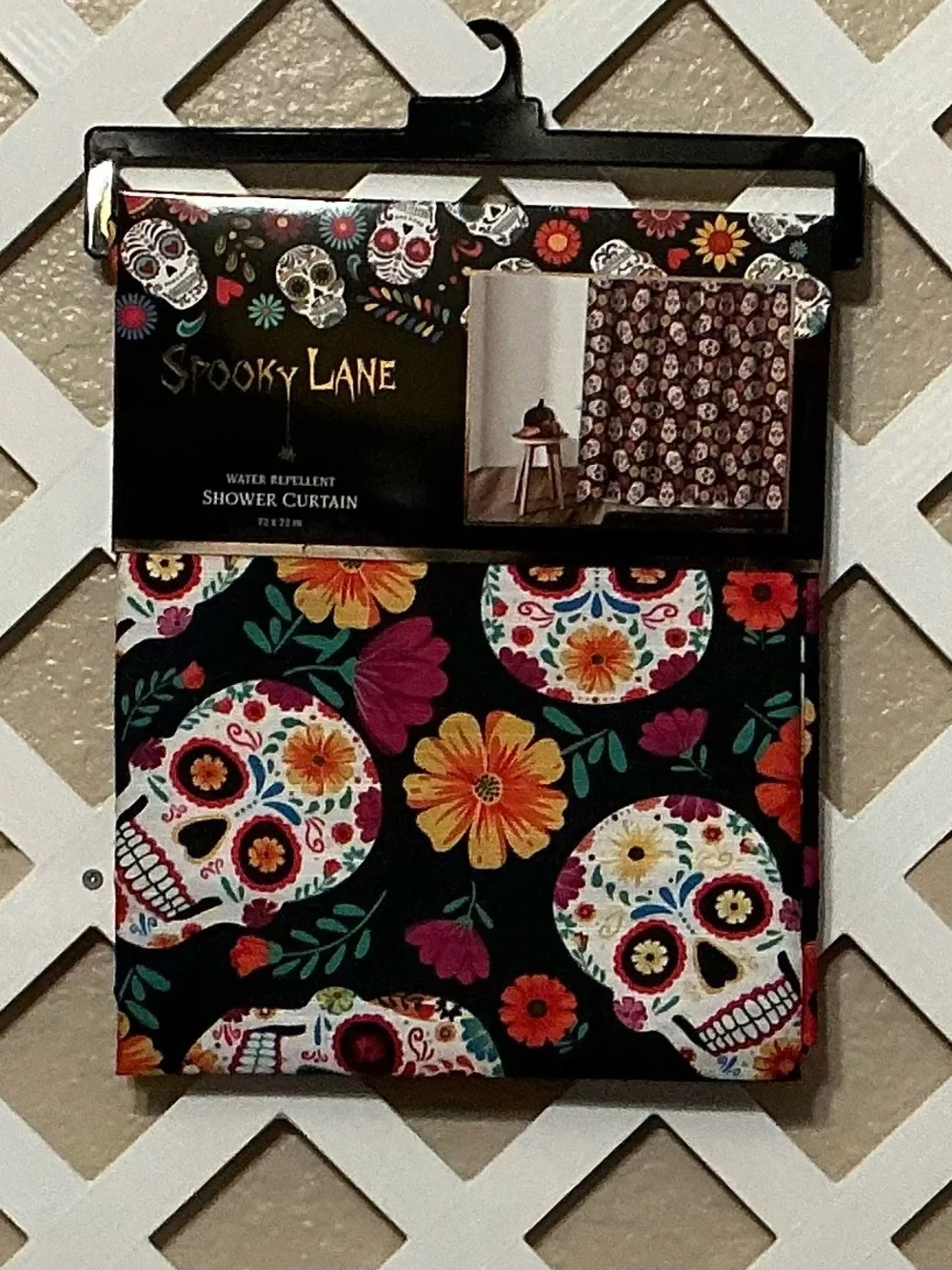 Spooky Lane Sugar Skull Floral Shower Curtain - Black with Multicolor Skulls